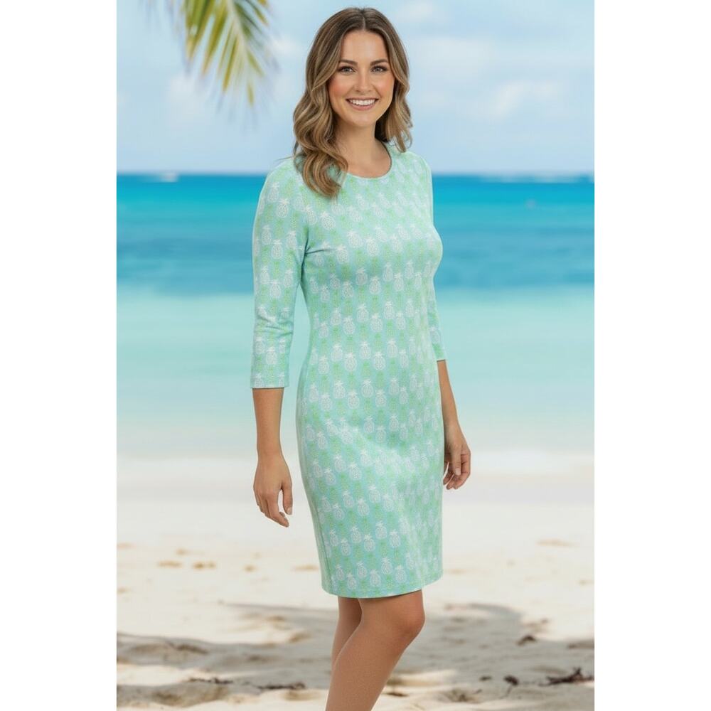 Sailor-Sailor Sz S Long Sleeve UPF 50+  Pineapples Pattern Resort Dress | EUC